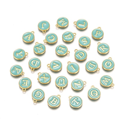 Initial Letter A~Z Alphabet Enamel Charms, Flat Round Disc Double Sided Charms, Golden