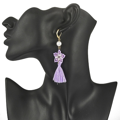 Glass Pearl Beaded Star with Tassel Dangle Leverback Earrings, Golden 304 Stainless Steel Jewelry for Women