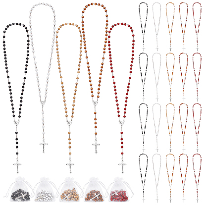 40шт. 5 цвета 7мм круглые деревянные четки, подвеска в виде креста Девы Марии и Иисуса из сплава, платина, с 40шт. подарочными мешочками из органзы с завязками