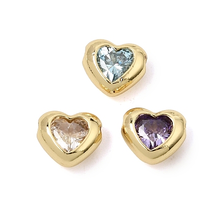 Brass Pave Cubic Zirconia Beads, Heart, Rack Plating, Long-Lasting Plated, Lead Free & Cadmium Free, Real 18K Gold Plated