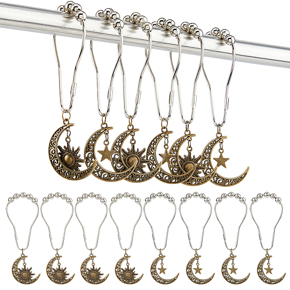 16 шт. 2 стильные железные кольца для занавески для душа для ванной комнаты, с подвесками в виде животных из сплава в тибетском стиле, луна