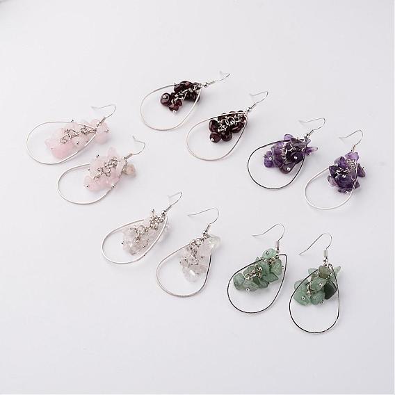 Natural Gemstone Dangle Earrings, with Metal Findings, Teardrop Earrings, 53mm, Pin: 0.6mm