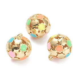 Brass Enamel Pendants, Real 18K Gold Plated, Long-Lasting Plated, Round with Flower