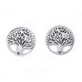 Stainless Steel Stud Earrings, with Cubic Zirconia, Flat Round with Tree of Life