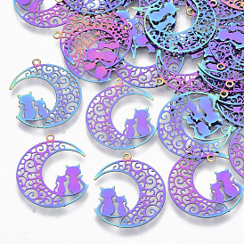 Ion Plating(IP) 201 Stainless Steel Kitten Pendants, Etched Metal Embellishments, Crescent Moon with Couple Cat Shape
