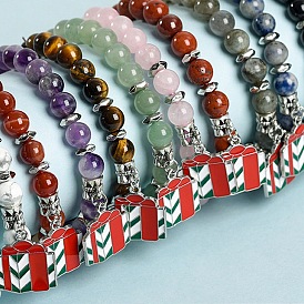 Christmas Theme Natural Gemstone Stretch Bracelets, Alloy Enamel Christmas Gift Charm Bracelets for Women