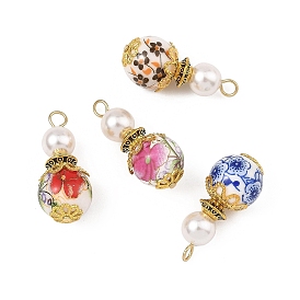 Colgantes de porcelana impresos a mano, perla de concha con aro de hierro, latón y aleación, redondo con dijes de flores, dorado