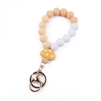 Mushroom Silicone Beaded Wristlet Keychain, with Iron Findings, for Women Car Key or Bag Decoration