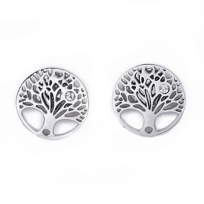 Stainless Steel Stud Earrings, with Cubic Zirconia, Flat Round with Tree of Life