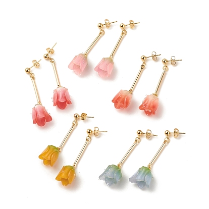 Acrylic 3D Flower Dangle Stud Earrings, Gold Plated 304 Stainless Steel Jewelry for Women