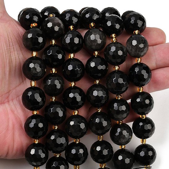 Нити бусин из натурального серебристого обсидиана, граненые, круглые, с бисером