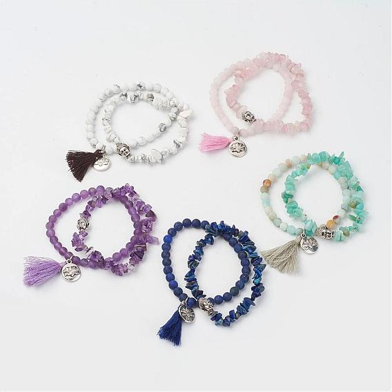 Natural Gemstone Beads Stretch Bracelets, Stackable Bracelets, with Brass & Alloy Findings, Frosted, Round & Chips, Burlap Packing