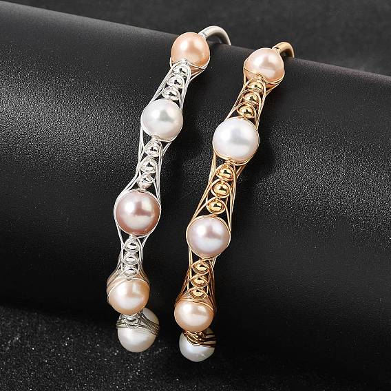 Браслеты-манжеты для женщин, обмотанные латунной проволокой и украшенные натуральным жемчугом., круглые, стойки покрытие, долговечный