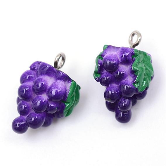 Autumn Theme Grape Resin Pendants, with Platinum Tone Iron Findings, 21x14x11mm, Hole: 2mm