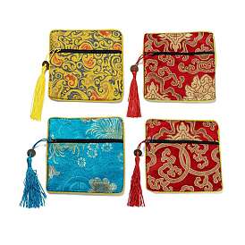 Chinese Brocade Tassel Zipper Jewelry Bag Gift Pouch, Square with Flower Pattern