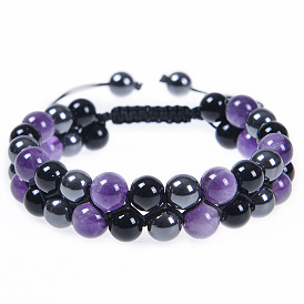 Natural Amethyst Bracelet with Double Layer Black Magnetic Hematite for Couples Yoga Jewelry