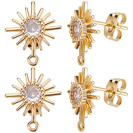 10Шт. латунная фурнитура для серег-гвоздиков из прозрачного кубического циркония с микропаве, с горизонтальными петлями и ушными гайками 10шт., солнце