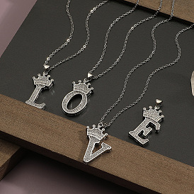 Stylish Crown Letter Pendant Necklace with Micro Inlaid Zircon for Women's Fashion Accessories
