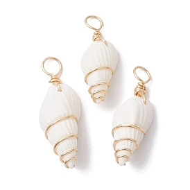 Natural Trumpet Shell Copper Wire Wrapped Pendants, Shell Shape Charms