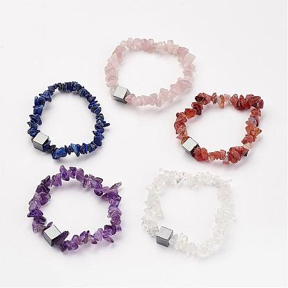 Natural Gemstone Chips Beads Stretch Bracelets, with Non-Magnetic Synthetic Hematite Beads