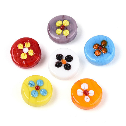 Handmade Lampwork Beads, Flat Round with Flower