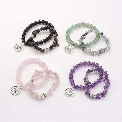 Perles de pierres précieuses naturelles s'étendent bracelets, avec des pendentifs en alliage, plat rond de lotus