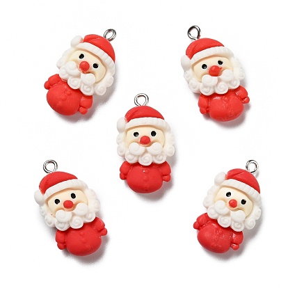 Opaque Resin Pendants, with Platinum Tone Iron Loops, Christmas Theme, Santa Claus