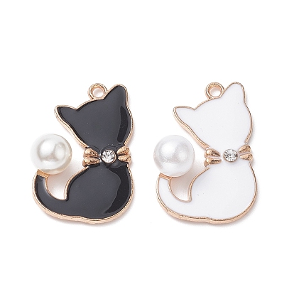 Alloy Enamel Pendants, with ABS Plastic Imitation Pearls and Crystal Rhinestone, Light Gold, Cat Charm, Lead Free & Cadmium Free