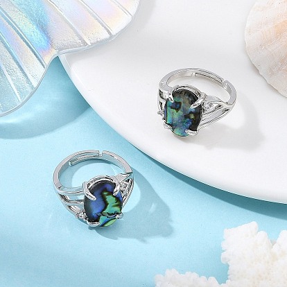 Brass Micro Pave Clear Cubic Zirconia 4 Claw Prong Cuff Open Rings, with Natural Paua Shell Epoxy Resin Cabochons, Oval, Colorful