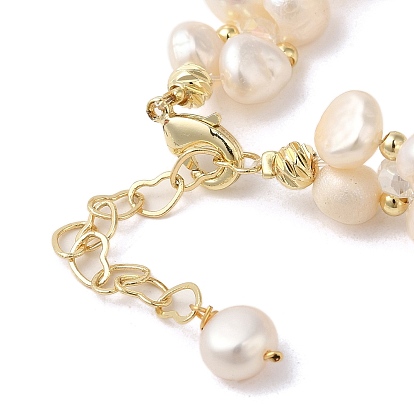 Natural Pearl Beaded Double Layer Multi-strand Bracelet, with Cubic Zirconia Flat Round Links