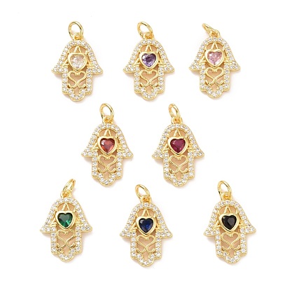 Латунные микро проложить кубического циркония подвески, с прыжковых колец, долговечный, без кадмия и без свинца, золотой свет, Хамса рука с сердцем