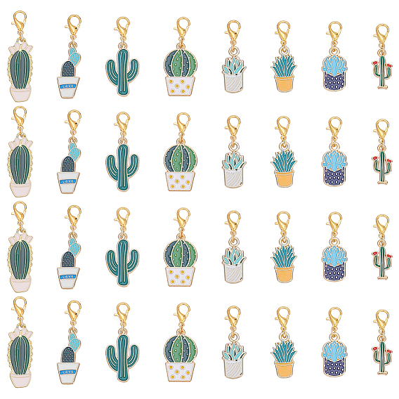 32 шт. 8 стильные эмалевые подвесные украшения в виде кактуса, Сплав с застежками когтя омара, золотой свет