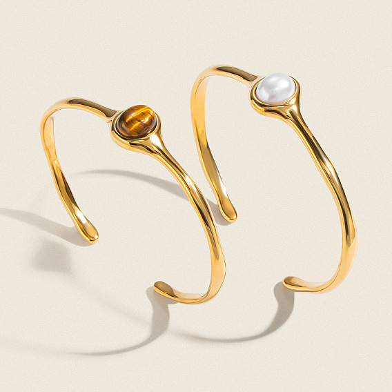 Imitation Pearl Natural Tiger Eye Oval 304 Stainless Steel Cuff Bangles for Women, Real 18K Gold Plated