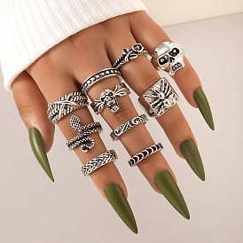 Snake Skull Ring & Vintage Rose 10-Piece Set - Cool Gothic Holiday Jewelry