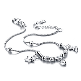 Bracelet de cheville à breloques en laiton étoile, lune et cœur avec chaînes serpent rondes pour femme