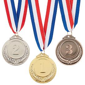 GLOBLELAND 6Pcs 3 Colors Zinc Alloy Medals, with Polyester Cord, Flat Round with Number 1 & 2 & 3