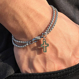 Stylish Double Chain Stainless Steel Cross Hollow Bracelet for Men