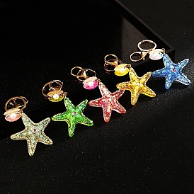 Diamond-Studded Starfish Shell Car Zinc Alloy
 Keychain Acrylic Cute Men and Women Bag Pendant Metal Keychain Ring Gift