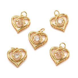 Brass Micro Pave Clear Cubic Zirconia Pendants, Long-Lasting Plated, Heart