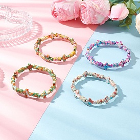 4Pcs 4 Colors Paint & Dyed Synthetic Turquoise Beads Stretch Bracelets for Men Women, Cross, with Enamel
