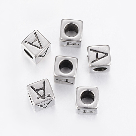304 Stainless Steel European Beads, Large Hole Beads, Cube with Letter, Antique Silver, Ion Plating(IP)