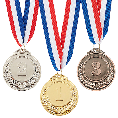 6Pcs 3 Colors Zinc Alloy Medals, with Polyester Cord, Flat Round with Number 1 & 2 & 3