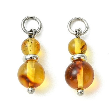 Natural Amber Pendants, Round Beaded Charms, with 304 Stainless Steel Open Jump Rings, Gold