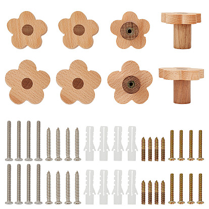 8 Bags 2 Styles Flower Wood Drawer Cabinets Handles, with 8Pcs 304 Stainless Steel Screws, 8Pcs Plain Carbon Steel Screws, 8 Sets Stainless Steel Expansion Screw