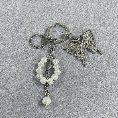 2 Llavero con colgante de mariposa de aleación, diamantes de imitación y perlas de vidrio redondas, con llavero de cierre de pinza de langosta de aleación de hierro