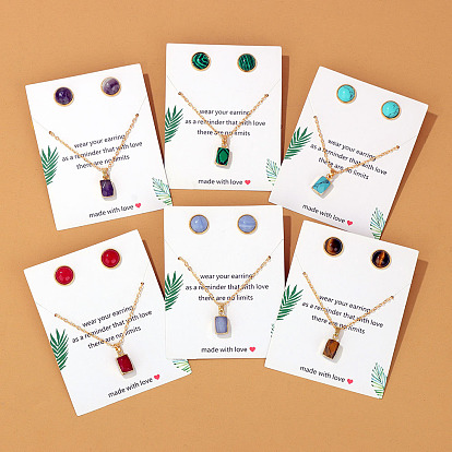 Комплекты круглых серег-гвоздиков и прямоугольных кулонов с натуральными и синтетическими драгоценными камнями, комплект металлических украшений для женщин