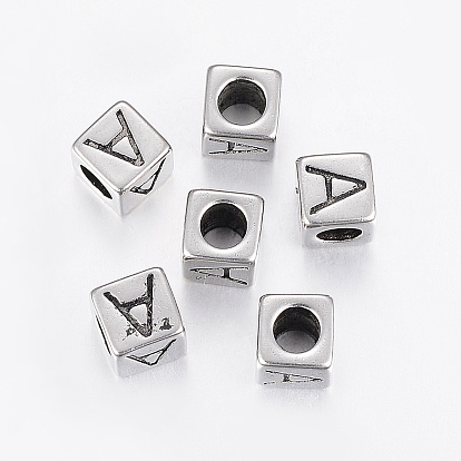 304 Stainless Steel European Beads, Large Hole Beads, Cube with Letter, Antique Silver, Ion Plating(IP)