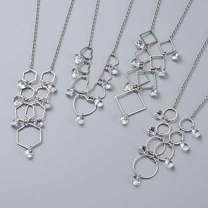 304 collares de acero inoxidable, con amuletos de circonia cúbica, anillos de unión del corazón, cadenas de cable y cierres de pinza de langosta