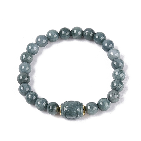 Natural Myanmar Jade Round and Carved Barrel Beaded Stretch Bracelets, with Golden Brass Findings, Golden