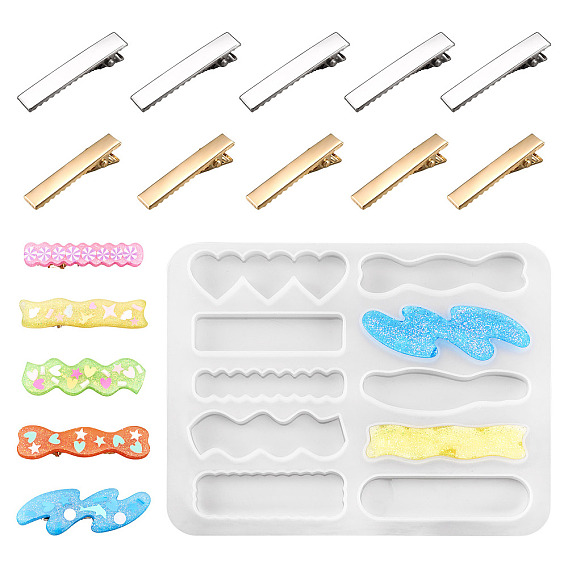 Kits de joyería para el cabello DIY, Incluye 1 moldes de silicona para pinzas de cabello y 20 accesorios de hierro para pinzas de cabello tipo cocodrilo., formas mixtas